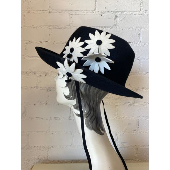vintage 1960s Adolfo black wool wide brim hat with daisies 60s designer mod main image 5
